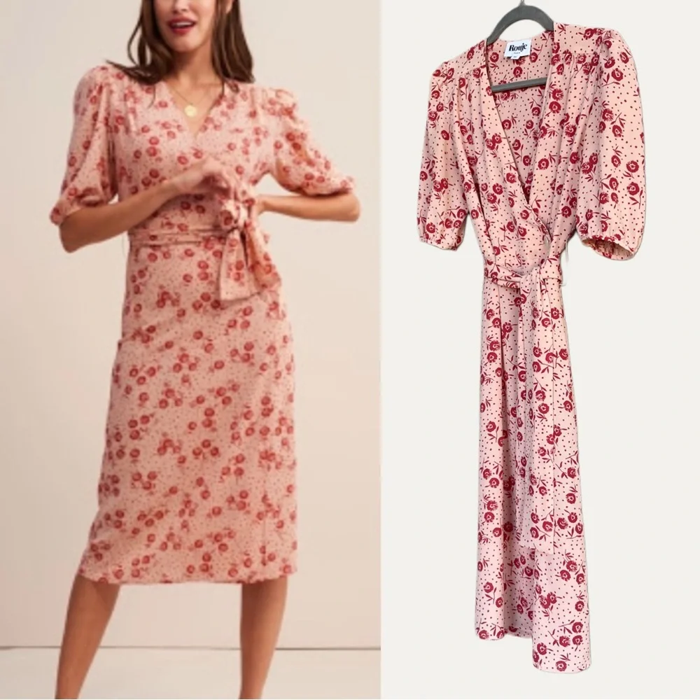 ROUJE Peach Pink Red Retro Classic Floral Dot Printed Rosalie Midi Wrap Dress - Picture 7 of 14
